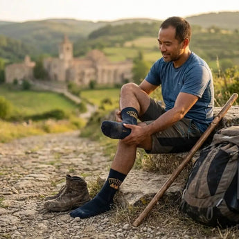 Meias anti bolha vestidas com botas de trekking